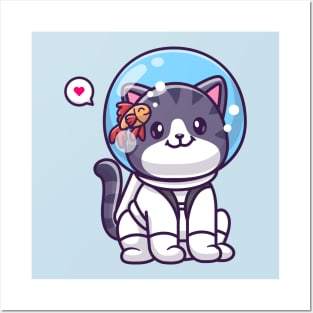 Cute Cat Astronaut Sitting With Fish Cartoon Posters and Art